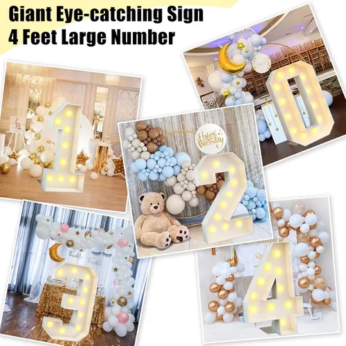 Miniatura 2 de Marquesina grande de número 0 blanca con luces y marco de mosaico, letra 0 para decoración de fiesta de cumpleaños, cartón precortado, tablero