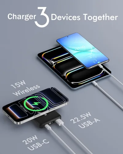 Miniatura 5 de podoru para Magsafe Paquete de baterías, banco de energía magnético plegable de 10000 mAh con cable USB-C, pantalla LED de 22.5 W PD de carga