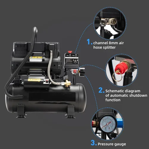 Miniatura 7 de Compresor de aire, 2.0 galones, 1.0 HP sin aceite, máximo 115 PSI, 65dB ultra silencioso, para reparación de automóviles, inflado de neumáticos
