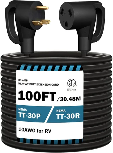 STRIGHT Cable de extensión para RV de 30 amperios de 100 pies, cable de extensión de alimentación para RV NEMA TT-30P macho a TT-30R hembra de alta