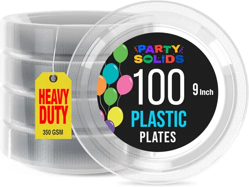Miniatura 55 de Exquisitos platos de plástico rojo Party Solids para fiesta, platos desechables rojos de 9 pulgadas, juego de vajilla de plástico resistente, 100