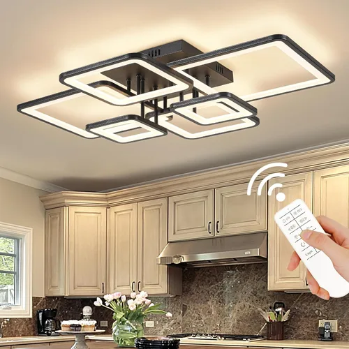 Miniatura 11 de Shine LUEST Modernas luces LED de techo para dormitorio, 26 pulgadas, regulables, cuadradas, para sala de estar, con control remoto, lámpara negra