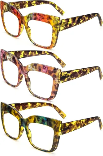 Miniatura 2 de Gafas de lectura de gran tamaño para mujer, paquete de 3 unidades, lentes retro con filtro de luz azul, gafas cuadradas con marco grande Esmalte