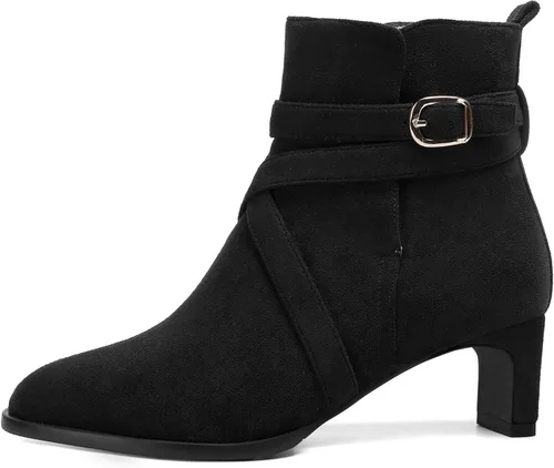 Miniatura 2 de WAYDERNS Botas altas de tobillo de gamuza para mujer, con correa de tobillo, puntera redonda, bloque sólido, tacón bajo, 2 pulgadas