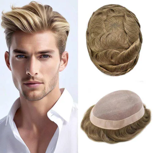 Miniatura 57 de Tupé para hombre, pieza de cabello humano real, monofilamento, tupé para hombres, postizos, unidades de sistema de reemplazo de cabello, gris