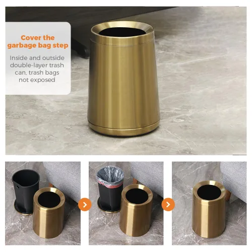 Miniatura 6 de Basurero de oro cepillado de 10L/2.6 galones, cubo de basura de acero inoxidable, cubo de basura cónico con apertura superior, bote de basura dorado