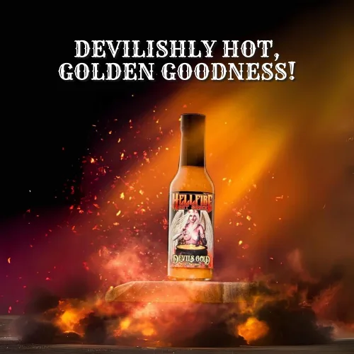 Miniatura 8 de Salsa picante Hellfire Devil's Gold, galardonada con múltiples premios, salsa picante gourmet a base de frutas, cuenta con pimientos amarillos súper