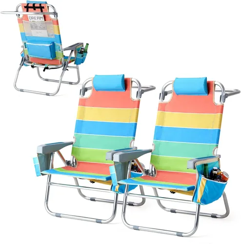 Miniatura 17 de VINGLI Silla de Playa Alta Paquete de 2 Ligera, Silla de Playa Tipo Mochila para Adultos con 5 Posiciones, Bolsa Refrigeradora, Portavasos, Barra