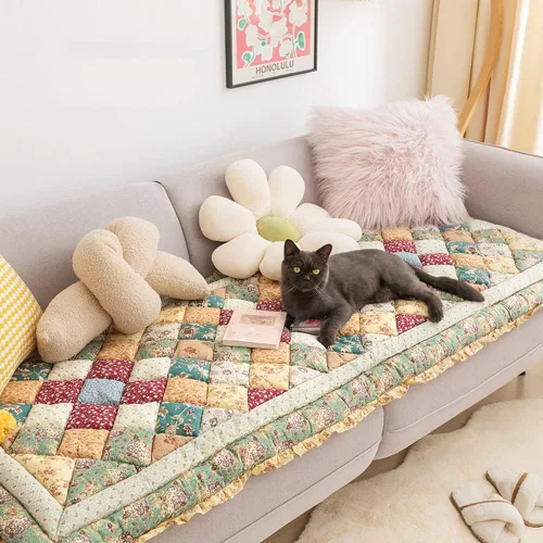 Miniatura 2 de vctops Funda acolchada de algodón bohemio con retazos para sofá, funda de sofá modular con volantes para sala de estar, antideslizante, suave, cojín