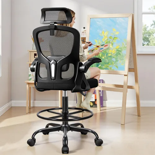 Miniatura 2 de Silla de dibujo, silla de oficina alta para escritorio de pie, respaldo alto ergonómico con reposacabezas, soporte lumbar, anillo para el pie y Negro