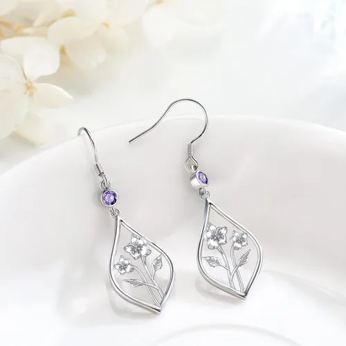 Miniatura 2 de Aretes de flor de nacimiento de plata de ley, aretes de gota de flor de mes de piedra natal, regalos de joyería de cumpleaños