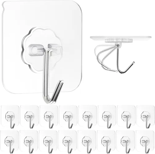 ZESLMG Ganchos de pared adhesivos para colgar, paquete de 16 ganchos autoadhesivos resistentes de 10 kg transparentes, removibles, sin daños para