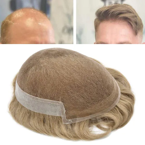 Miniatura 23 de Tupé de encaje suizo para hombres, piezas de cabello humano real, encaje frontal, sistema de reemplazo de cabello tipo tupé, nudo blanqueado, línea
