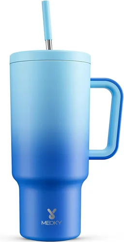 Miniatura 14 de Meoky - Vaso de 30 oz con asa, tapa y pajilla, taza de viaje térmica de acero inoxidable 100% a prueba de fugas, para portavasos, mantiene el frío