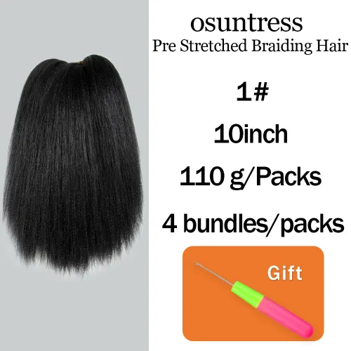 Miniatura 2 de Cabello trenzado preestirado de 10 pulgadas, 4 paquetes, extensiones de cabello corto para trenzas, cabello sintético preestirado #1 (negro azabache)