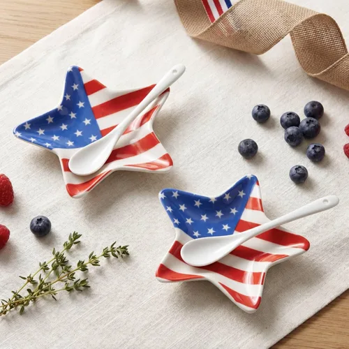 Meanplan 2 Pcs Patriotic Coffee Spoon Rest 4.3 Inch 4th of July Ceramic Spoon Rest American Flag Star Dipping Bowl Blue and Red Star Dish for