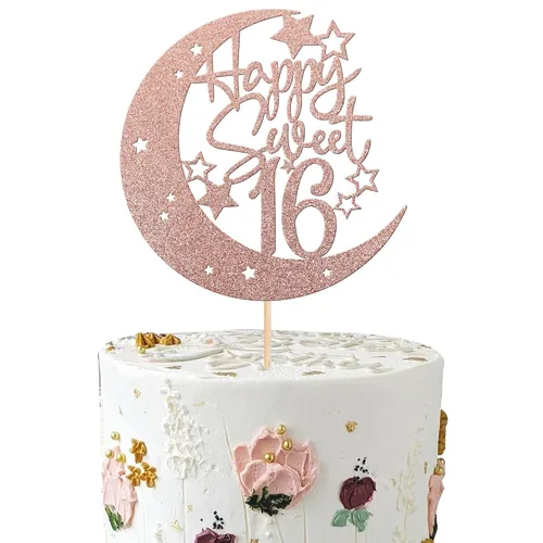 Miniatura 15 de 1 pieza de decoración de pastel de 16 años con purpurina de luna y estrella de luna feliz 16 cumpleaños, decoración para tartas de cumpleaños de 16