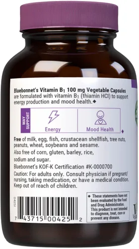 Miniatura 3 de Bluebonnet Vitamina B1 100 mg – Apoyo al estado de ánimo y vitaminas energéticas para mujeres y hombres* – Tiamina HCl – Sin OMG, vegano, kosher