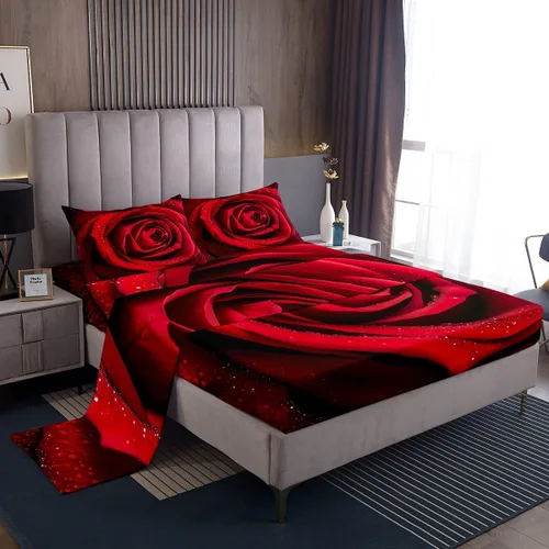 Miniatura 19 de Juego de sábanas de rosas rojas, tamaño individual, juego de sábanas florales de color rojo degradado y negro para niñas, mujeres, niños
