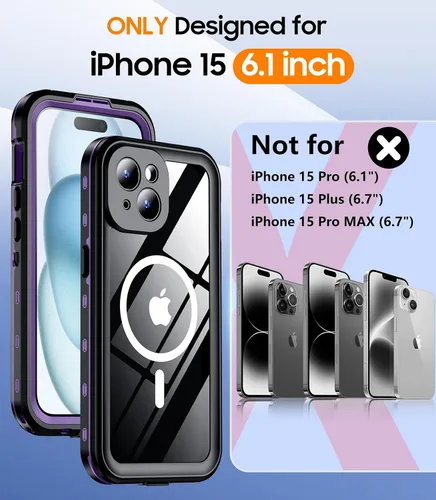Miniatura 2 de Funda magnética para iPhone 15 impermeable, protector de pantalla integrado [IP68 bajo el agua] [actualizado militar a prueba de caídas]