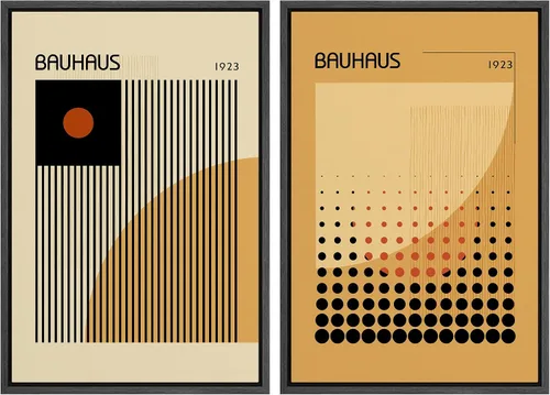 Miniatura 77 de IDEA4WALL Lienzo enmarcado para pared, juego de arte Bauhaus dorado de mediados de siglo, patrón de cuadrícula moderna, ilustraciones con formas