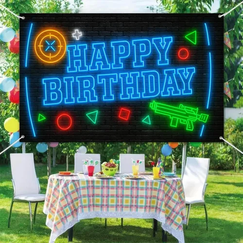 Miniatura 6 de HOMETITUTE Cartel de feliz cumpleaños de 71 x 43 pulgadas con luz negra fluorescente para decoración de fondo de fiesta, controlador de juego azul