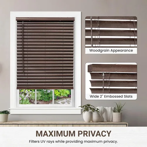 Miniatura 4 de PowerSellerUSA Persianas sin cordón, mini persiana de vinilo de listones de 2 pulgadas, grano de madera en relieve de alta calidad, tratamiento