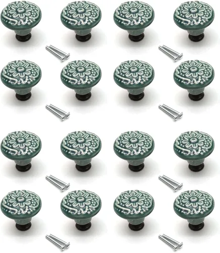 Perilla, 16 piezas, pomos decorativos para puerta de 1.3 pulgadas de diámetro. Tiradores de cerámica para cajones, color verde con tornillos de
