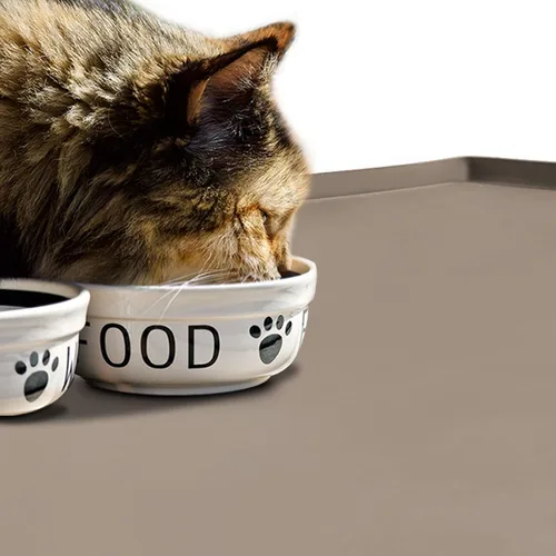 Miniatura 6 de Tapete de comida para perros, bandeja de comida impermeable de silicona, mantel individual antideslizante para mascotas, borde elevado de 0.6 Beige