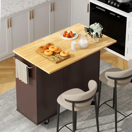 Miniatura 10 de Shintenchi Isla de cocina con hoja plegable, mesa de isla enrollable con almacenamiento, armario de cocina con ruedas con área de asiento