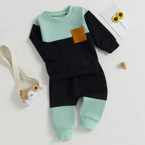Miniatura 2 de Conjunto de ropa de otoño e invierno para bebé niño pequeño, sudadera de manga larga con colores contrastantes, pantalones elásticos para recién