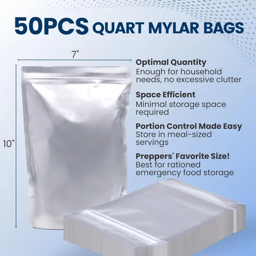 Miniatura 4 de 50 bolsas de Mylar de cuarto de galón para almacenamiento de alimentos, bolsas de Mylar de 0.394 in de grosor, 7 x 10 pulgadas, con absorbentes