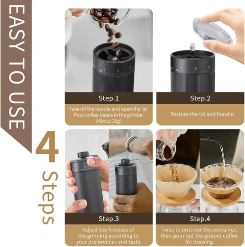 Miniatura 5 de Molinillo de café de mano, rebaba cónica para expreso, prensa francesa, vertido, doble rodamiento, capacidad de ajuste externo, 0.88 oz