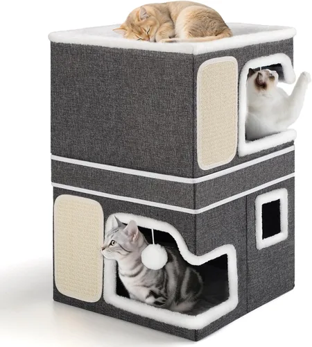 Miniatura 9 de Double Cat Beds for Indoor Cats, 2-Storey Cat House with Large Cozy Hideaways, Dual Purpose Cat Cave Cube with Scratch Pads, Fluffy Balls, Foldable