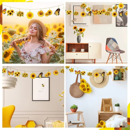 Miniatura 7 de Qunclay 36 piezas de decoración de árbol de girasol, adornos de madera de verano, flores amarillas de primavera, mariposa, adorno colgante de madera