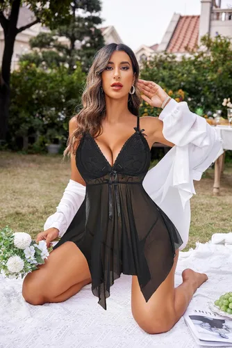 Miniatura 4 de Camisón Avidlove, lencería de encaje, babydoll, cuello en V, satinado, para mujer