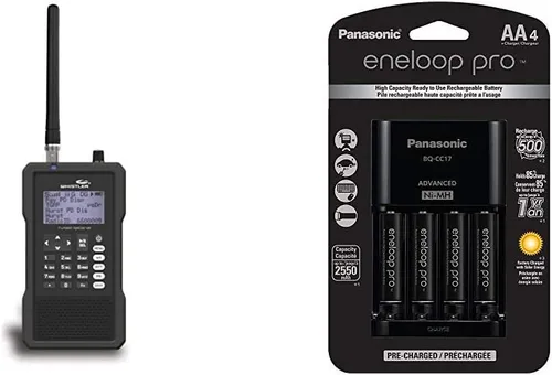 Whistler Radio escáner digital portátil TRX-1 y cargador de 4 posiciones Panasonic K-KJ17KHCA4A con baterías recargables AA eneloop PRO, paquete de 4