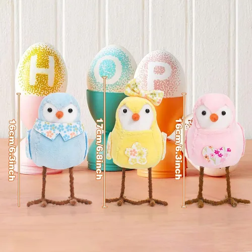 Miniatura 7 de Muñecos de pájaros de felpa de primavera de 6.3 pulgadas, adornos de figura de pájaros de pie con pierna larga, bufanda impresa y lazo, perfecto