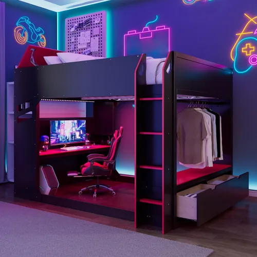 Miniatura 11 de Cama tipo loft de tamaño matrimonial con escritorio ajustable en altura y litera superior y caja de almacenamiento LED, marco de madera con barra
