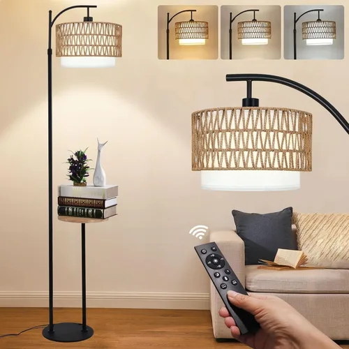 Miniatura 11 de ZECOXOL Lámparas de pie de arco para sala de estar, dormitorio, lámpara de pie bohemia de ratán con control remoto, lámpara de pie LED regulable