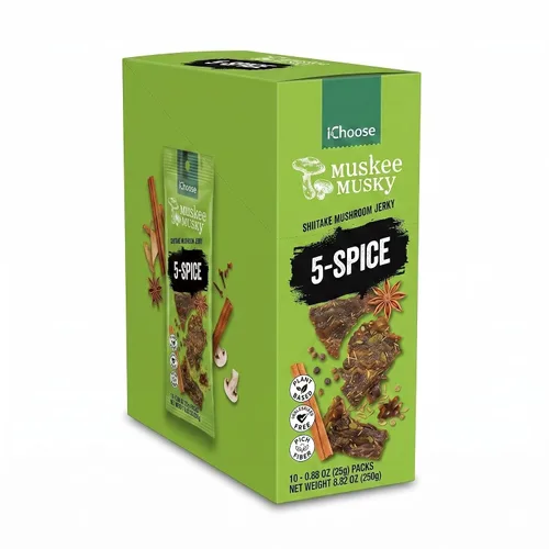 IChoose Muskee - Carne seca de hongos almizclada sabor a 5 especias, cecina vegana de hongos shiitake a base de plantas, sin colesterol, rica en