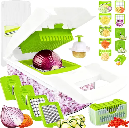 Miniatura 8 de Picador de verduras, picador de cebolla, picador de alimentos multifuncional 13 en 1, cortador de verduras de cocina, picador de verduras Gris