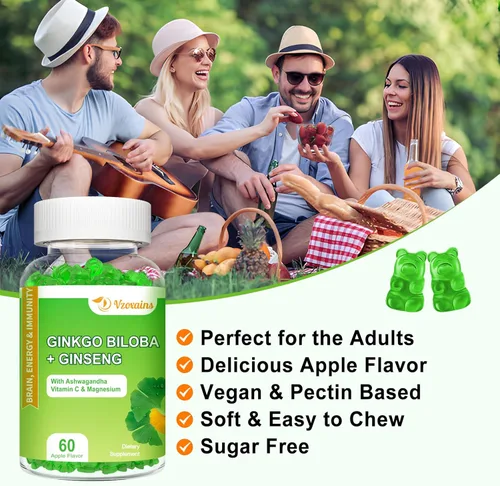 Miniatura 5 de Gomitas de ginkgo biloba de 240 mg con ginseng y magnesio, suplementos de ginko biloba gomitas para concentración cerebral, estado de ánimo