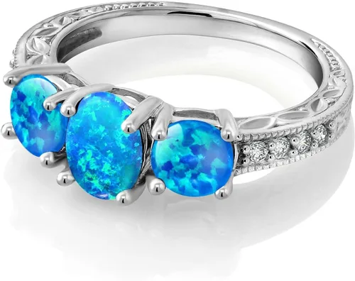 Miniatura 67 de Gem Stone King Anillo de compromiso de 3 piedras preciosas de oro blanco de 10 quilates con piedra natal y diamantes cultivados en laboratorio
