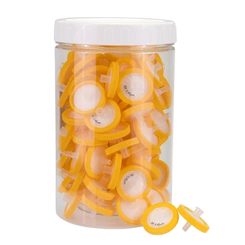 Miniatura 10 de filtros de jeringa, filtración hidrofílica de nailon, 0,22 um micrón, tamaño de poro, 0.512 in, diámetro de membrana, disco de membrana de nailon