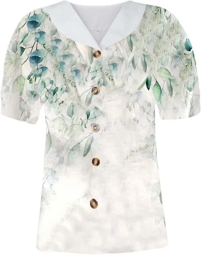 Miniatura 3 de Camisa de lino y algodón con estampado C y cuello alto para mujer, estilo casual, media manga, talla S, A-B