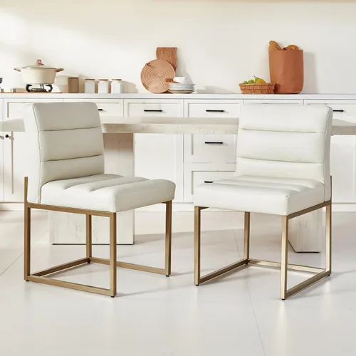 Miniatura 9 de GrandNoor Brown Faux Leather Dining Chairs Set of 2, Mid-Century Modern Dining Room Chairs with Armless, Checkered Kitchen Chair with Metal Legs