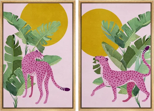 Miniatura 67 de IDEA4WALL - Set de lienzos enmarcados para pared, diseño tropical, selva, hoja de plátano, guepardo rosa, gato, naturaleza, desierto, arte digital