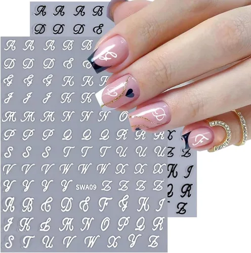Miniatura 3 de Calcomanías de uñas con letras, 8 hojas de calcomanías de uñas con letras en inglés antiguo, 3D, autoadhesivas, doradas, plateadas, negras, blancas