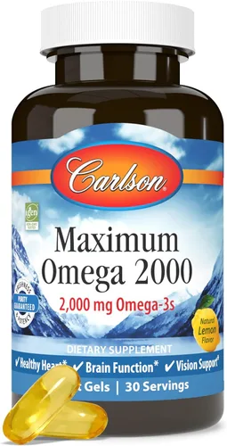 Miniatura 5 de Carlson - Omega Máximo 2000, 2000 mg de ácidos grasos Omega-3 incluyendo EPA y DHA, aceite de pescado noruego capturado en la naturaleza, suplemento